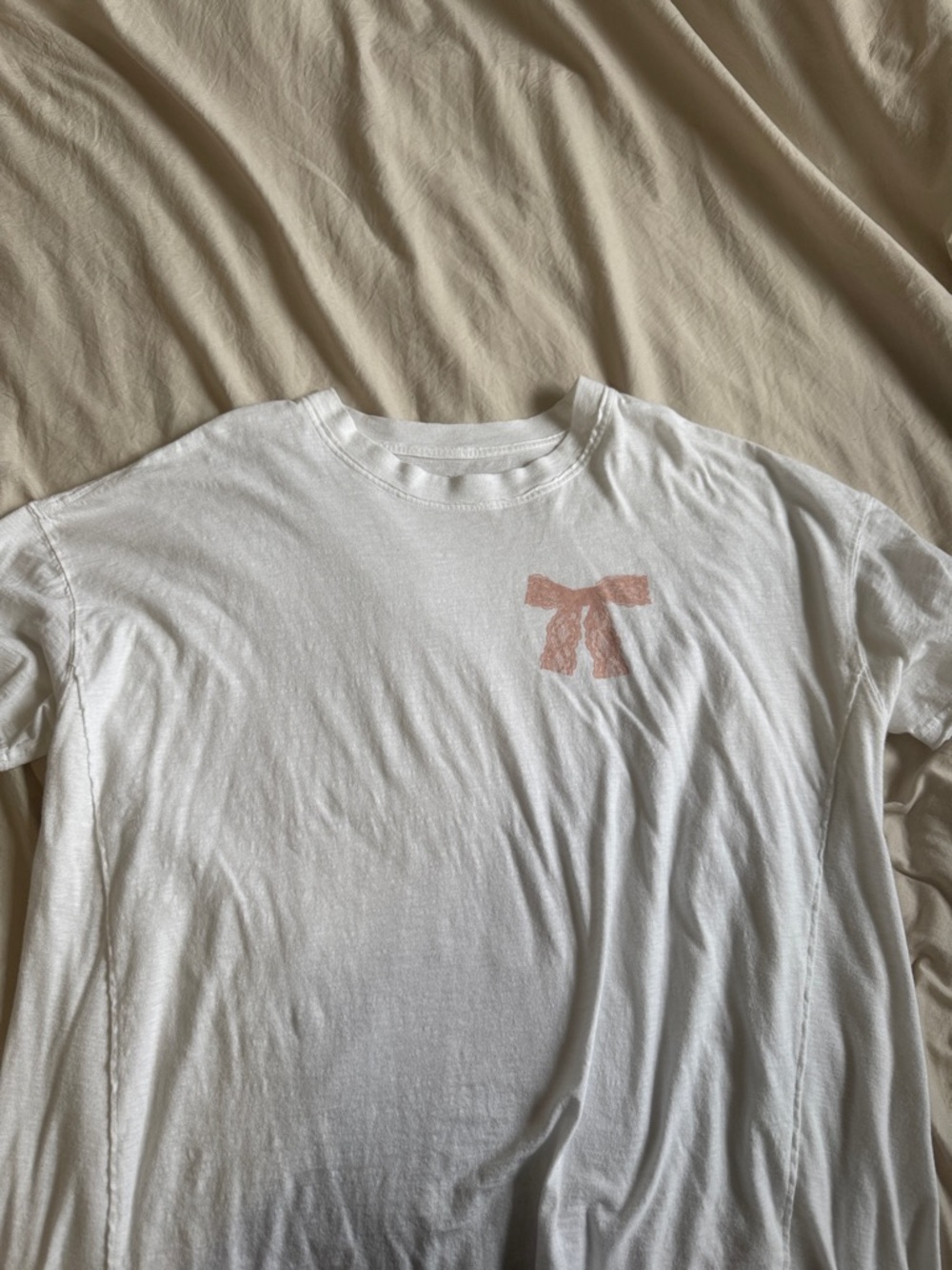 aerie White Short Sleeve Tee with Pale Pink Bow Graphic